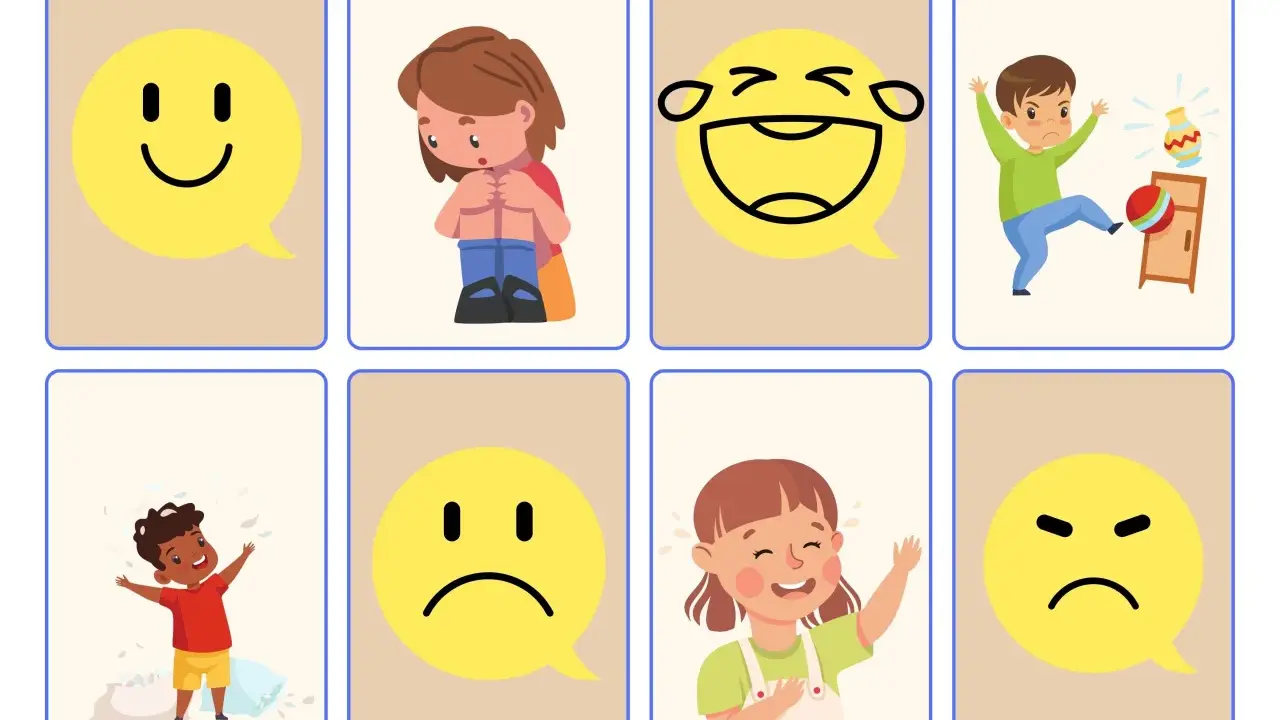 Zestaw kart do nauki emocji dla dzieci: uśmiechnięta buźka, smutne dziecko, śmiejąca się buźka, zły chłopiec, radosny chłopiec, smutna buźka, płacząca dziewczynka, zła buźka.