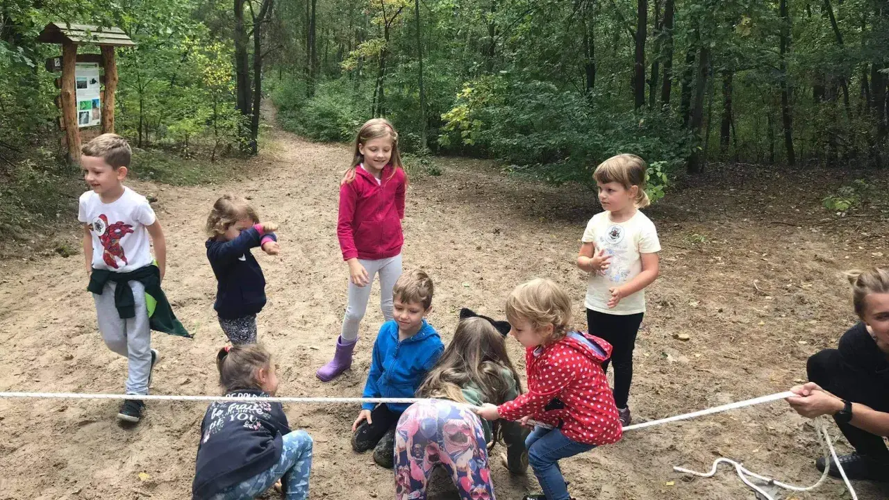 Leśne zabawy dla 6 latków w przedszkolu: dzieci ciągną linę, tworząc drużyny. Radosne okrzyki niosą się wśród drzew.