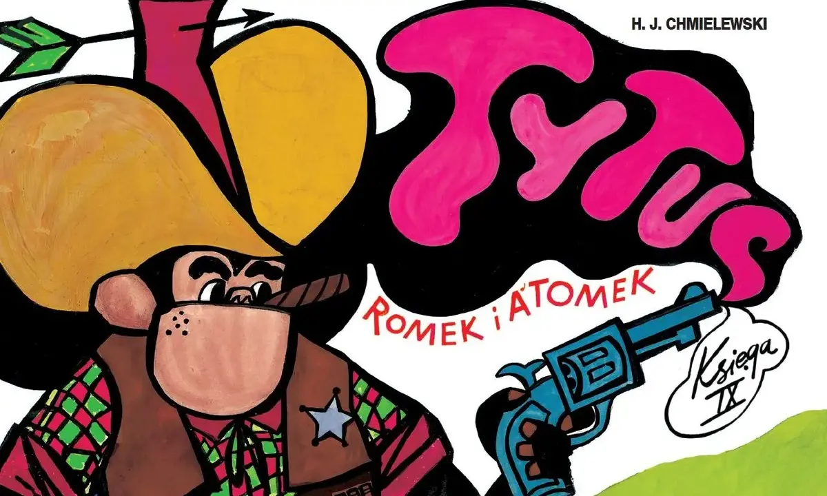 Szeryf z cygarem i rewolwerem, w kapeluszu kowbojskim. Okładka komiksu "Romek i Atomek", część serii o dzikim zachodzie.