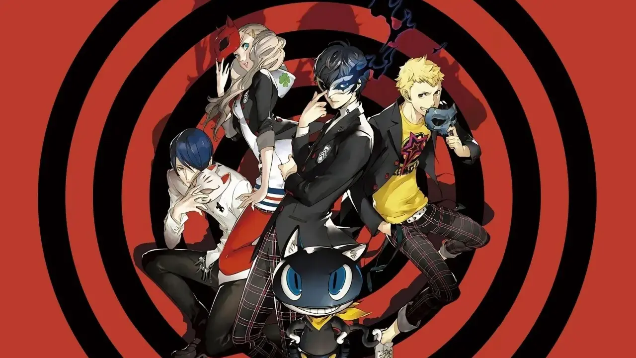Postacie z gry Persona 5, która jest przykładem gatunku jrpg co to, pozują na tle czerwono-czarnych kręgów.