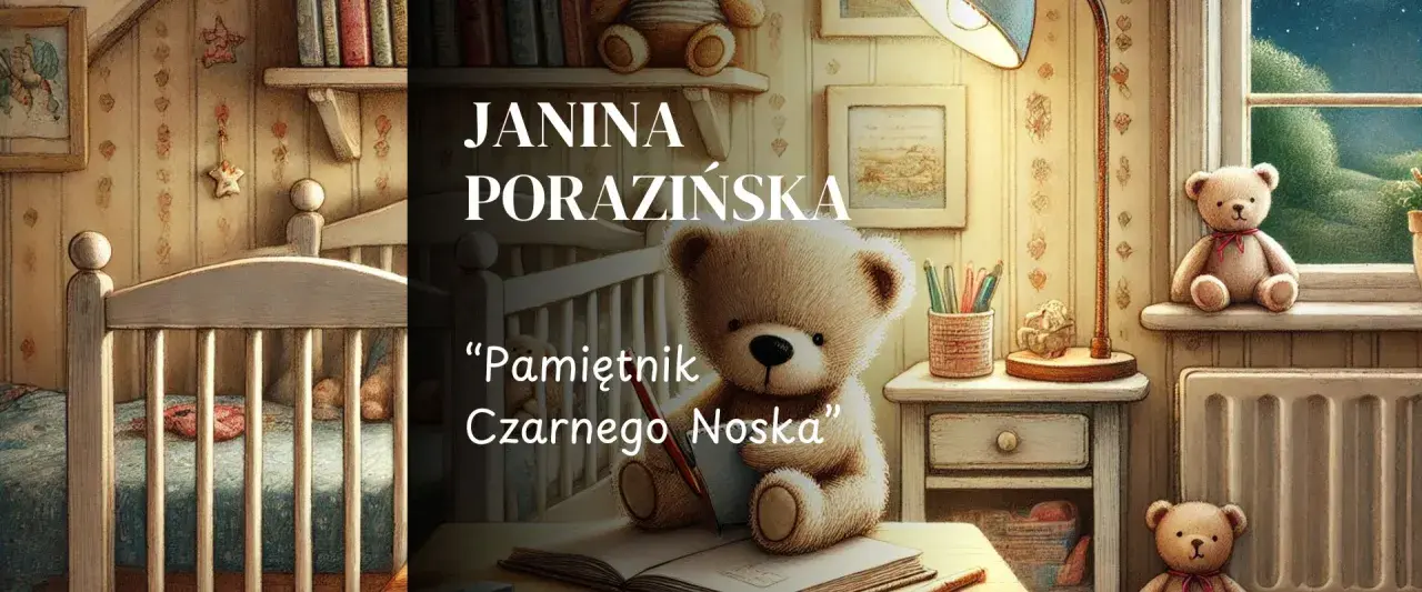 Miś z czarnym noskiem pisze w pamiętniku. Obok przybory do pisania i lampka. W tle łóżeczko i okno.