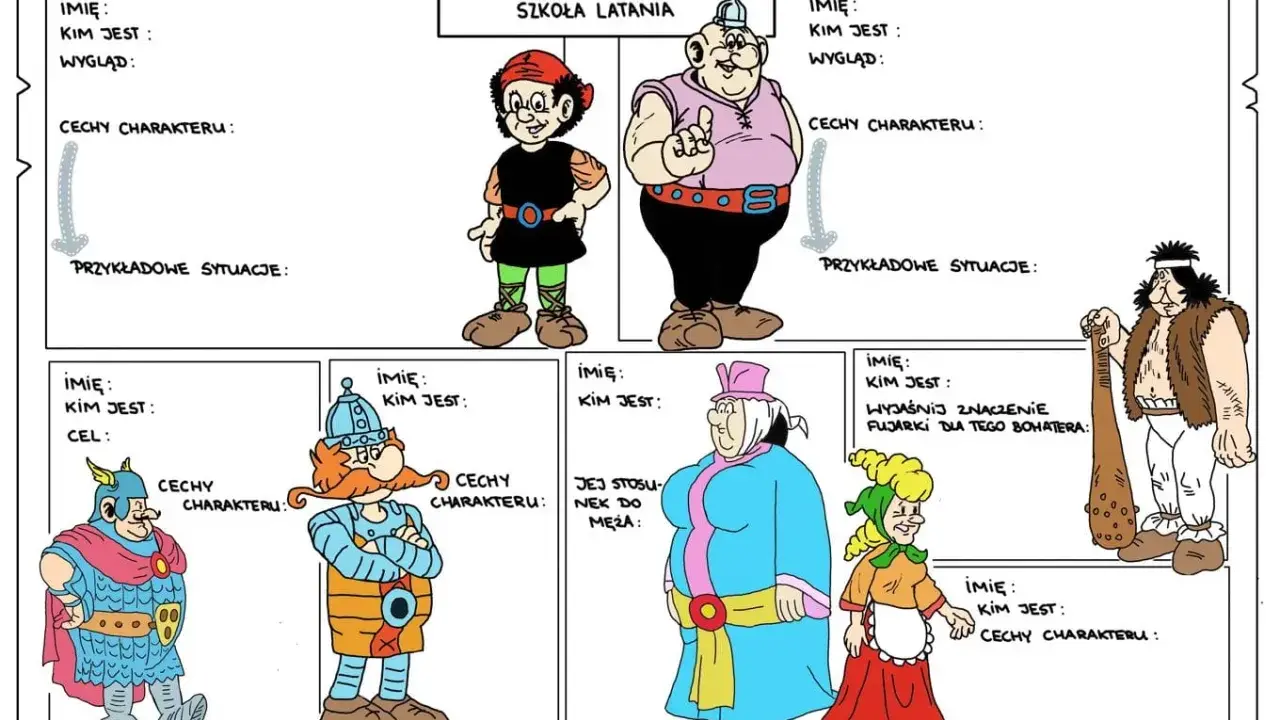 Kajko i Kokosz Szkoła Latania: bohaterowie komiksu z opisami ich cech i wyglądu.