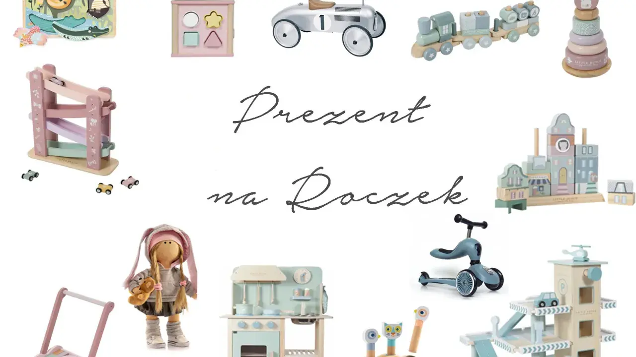 Zabawki na roczek: drewniana kolejka, jeździk, kuchnia, sorter, wieża, parking, lalka i inne.