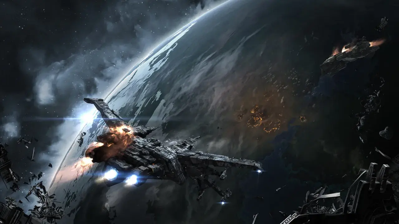 Bitwa kosmiczna nad planetą, zniszczone statki i szczątki. To może być scena z gry, która doczekała się **eve online spolszczenie**.