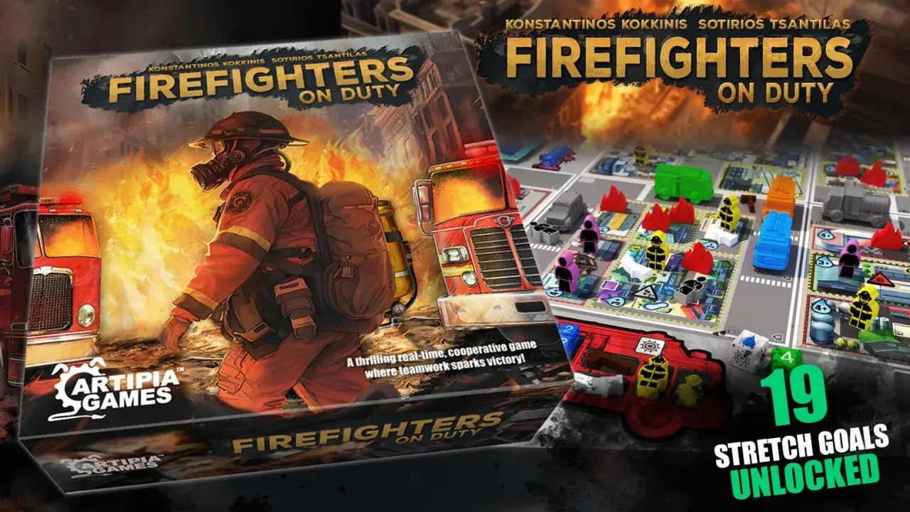 Gra planszowa "Firefighters on Duty" z bohaterem w stroju strażaka i planszą akcji.