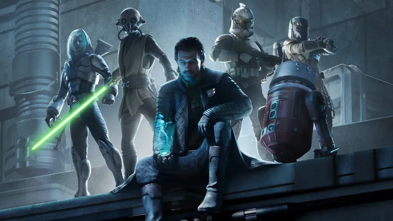Postacie z nowej gry Star Wars: Jedi z zielonym mieczem świetlnym, droid, klony i tajemniczy mężczyzna z hologramem.