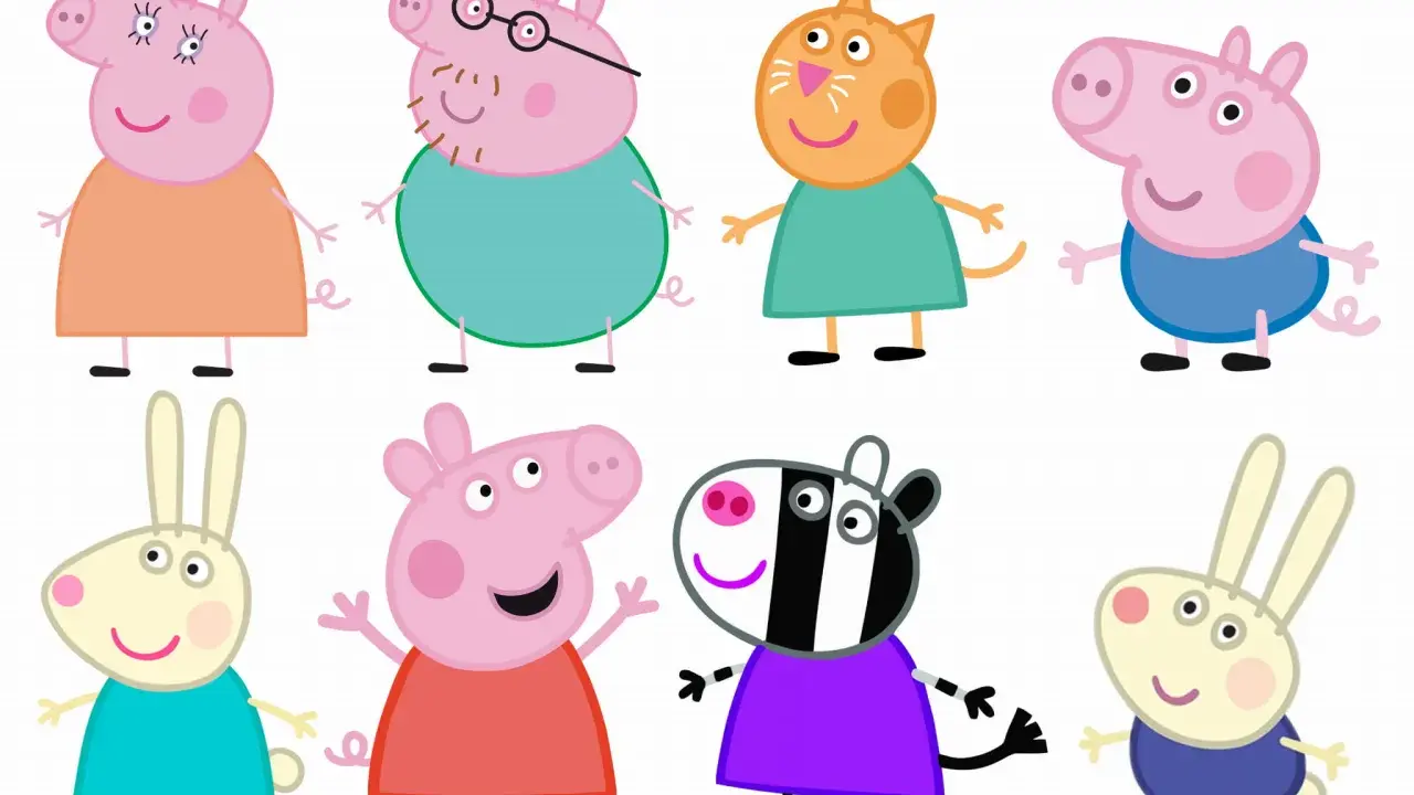Świnka Peppa i jej przyjaciele: Mama Świnia, Tata Świnia, Kotka, Świnia, Króliczka, Zebra i Królik.