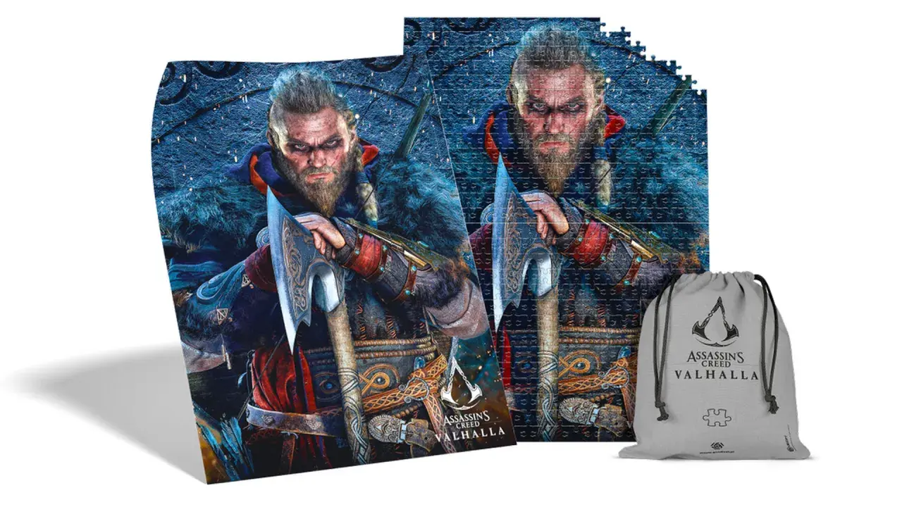 Puzzle z Eivorem z Assassin's Creed Valhalla i worek do przechowywania gier i puzzli.