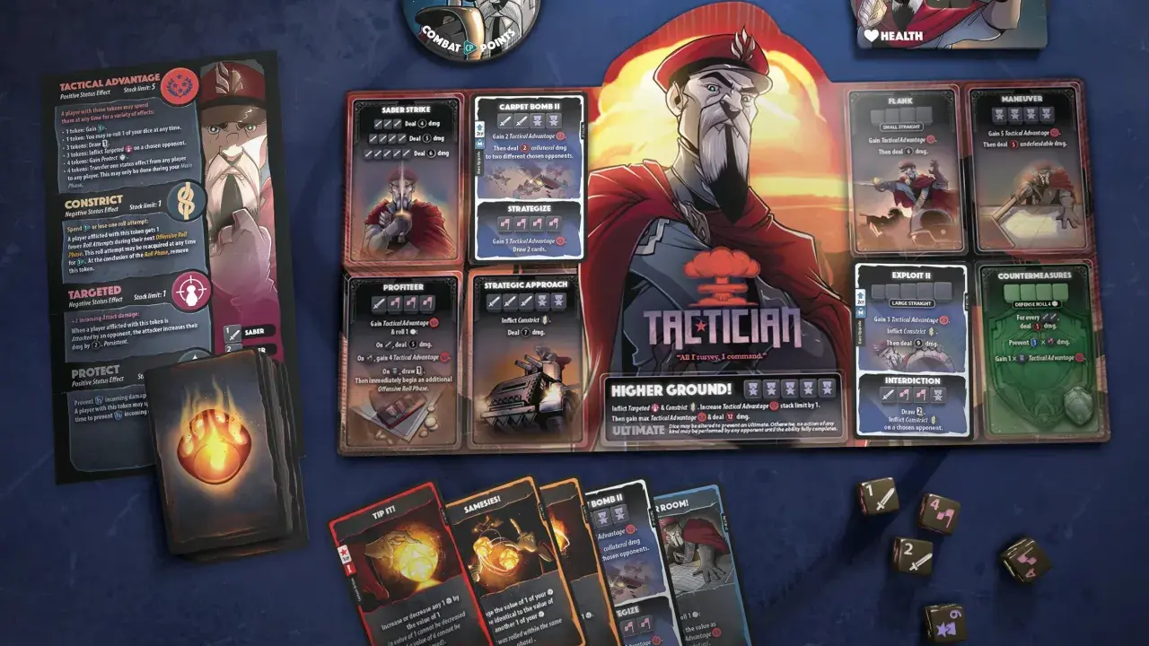 Plansza do gry Dice Throne Sezon 2 z kartami i kośćmi.