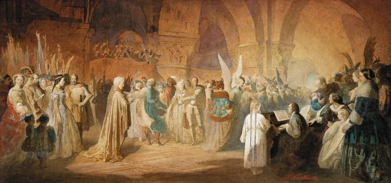 Uroczysta sala, gdzie gra fortepian Chopina, a goście w strojach z epoki bawią się i tańczą.