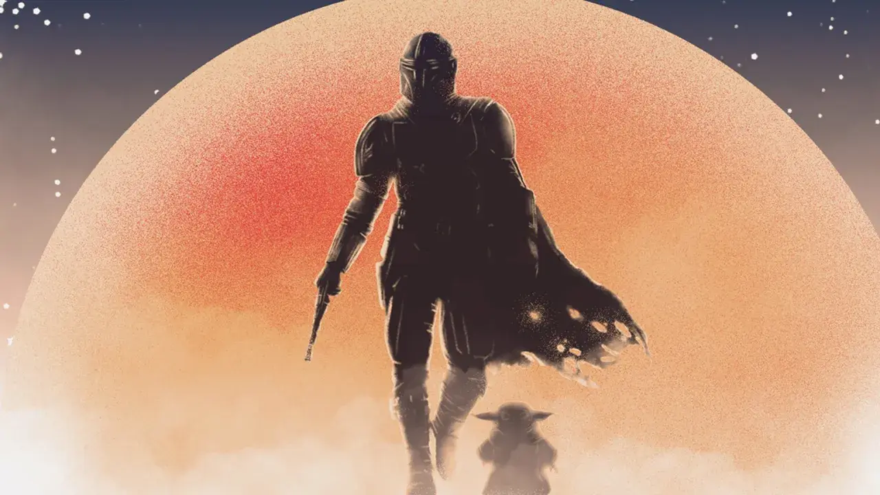 Mandalorian i Dziecko idą pod wielką, pomarańczową planetą. To jest ten sposób, mandalorian po polsku.
