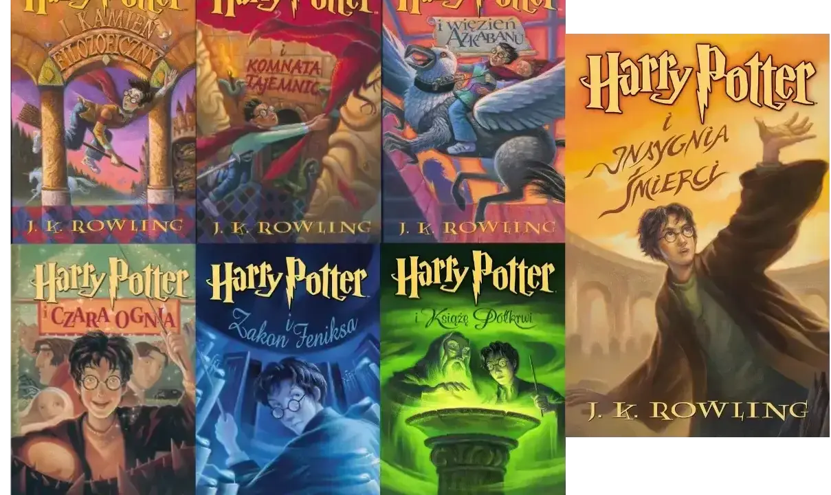 Kolekcja okładek książek z serii Harry Potter części: Kamień Filozoficzny, Komnata Tajemnic, Więzień Azkabanu, Czara Ognia, Zakon Feniksa, Książę Półkrwi i Insygnia Śmierci.