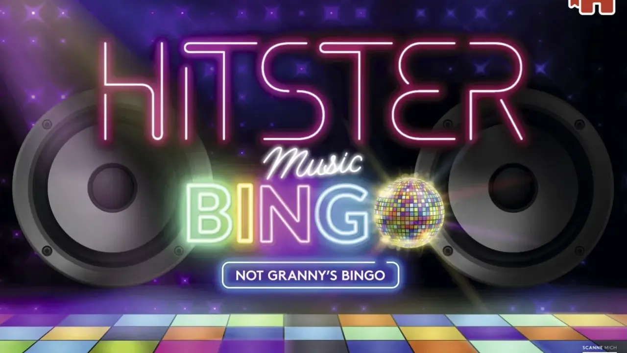 Gra neonowa "Hitster Music Bingo" z głośnikami i dyskotekową kulą. Gra dla fanów muzyki, którzy chcą się bawić przy największych hitach.