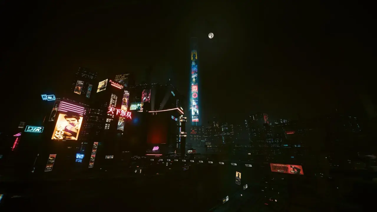 Mroczna, neonowa nocna miasto, pełne reklam i wieżowców. Księżyc w pełni oświetla futurystyczny krajobraz.