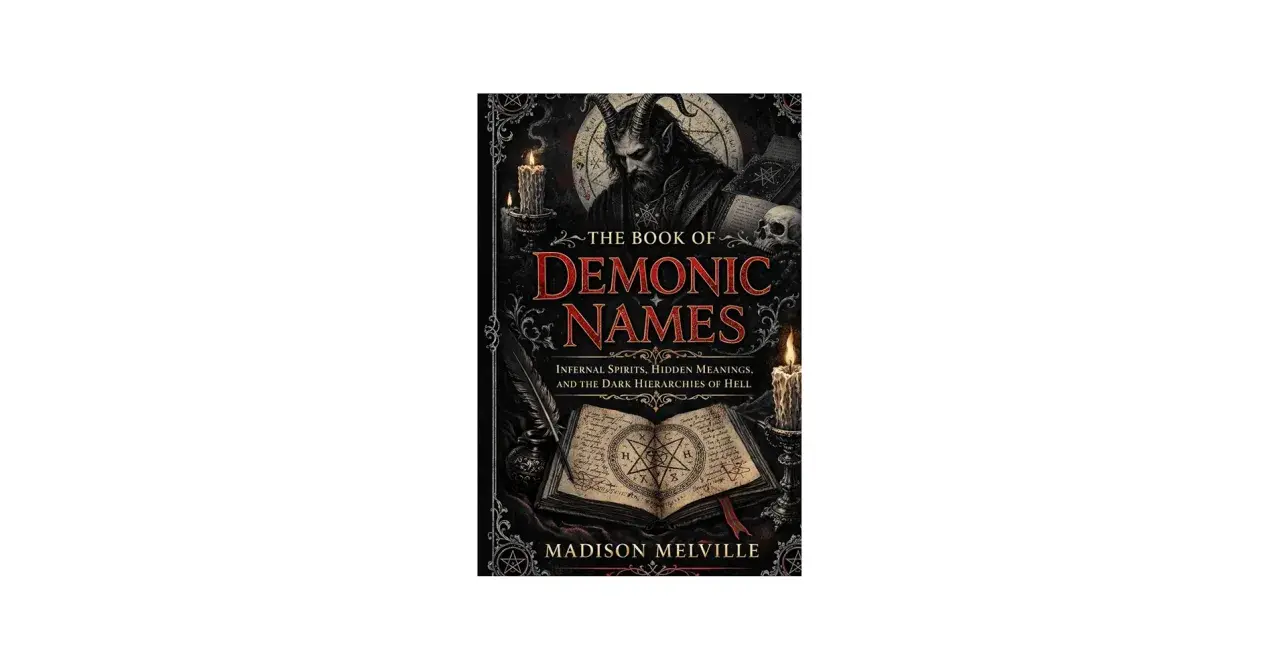 Okładka książki "The Book of Demonic Names" z mrocznym wizerunkiem demona, świecami i otwartą księgą. To jedna z tych książek o demonach, która budzi grozę.