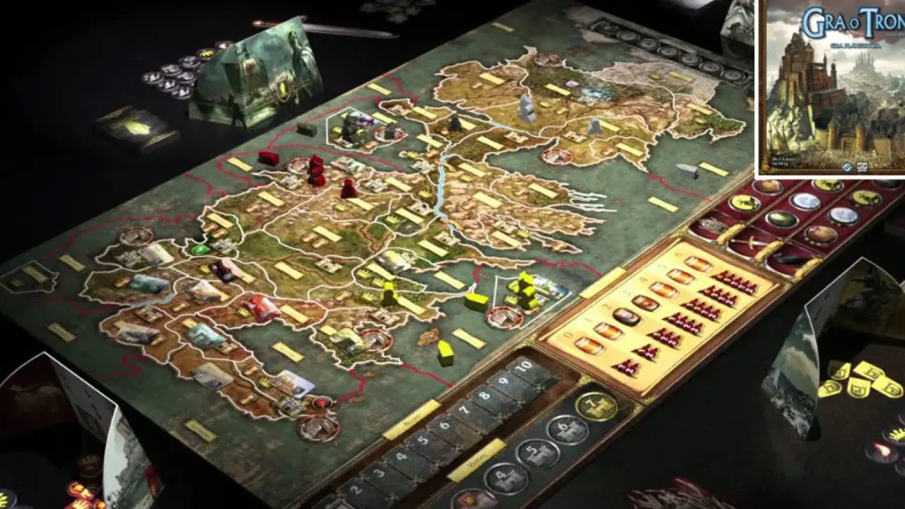 Gra planszowa "Gra o Tron" przypominająca Splendor, z mapą Westeros, pionkami i kartami.