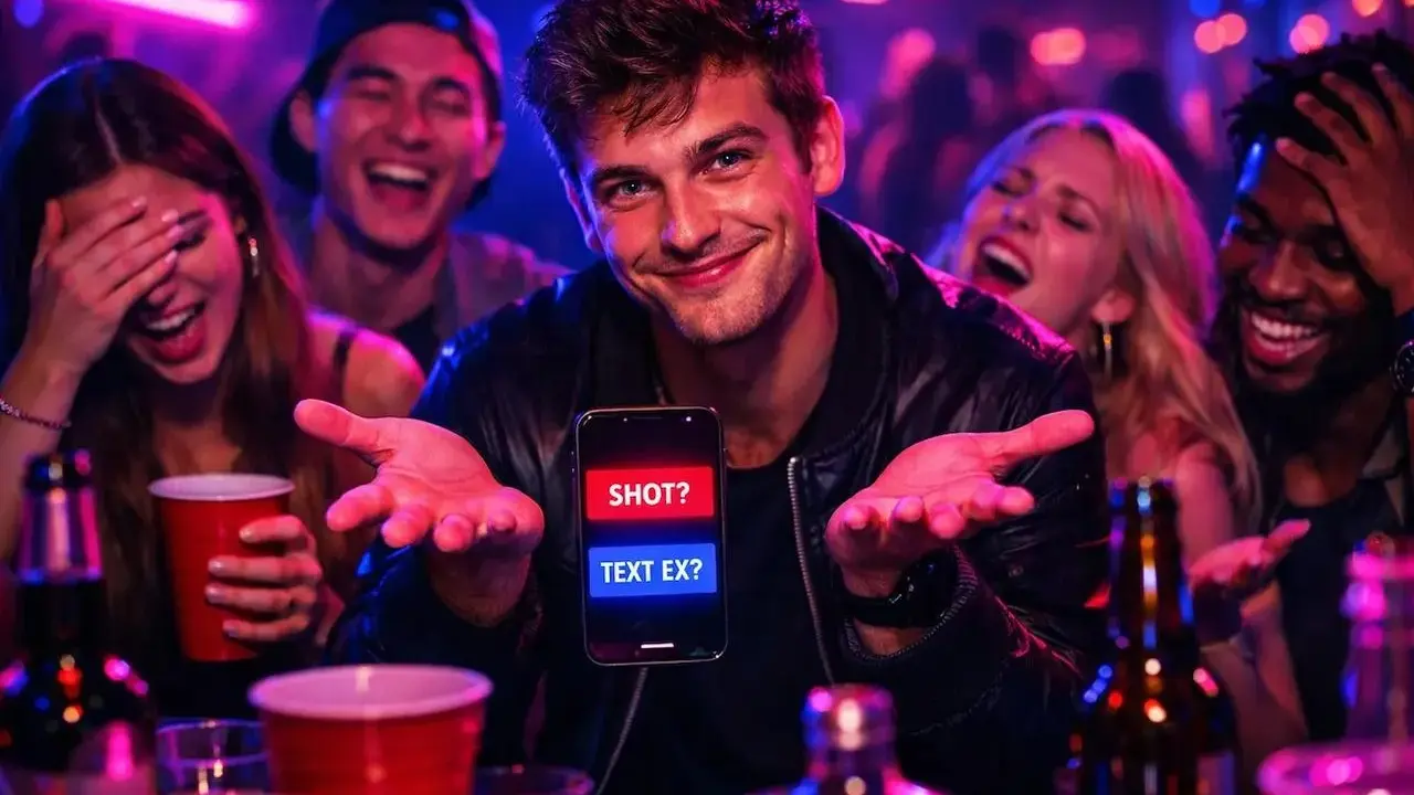 Młody mężczyzna trzyma telefon z pytaniami: "SHOT?" i "TEXT EX?". W tle śmiejący się przyjaciele. Czy kiedykolwiek pytania mocne?