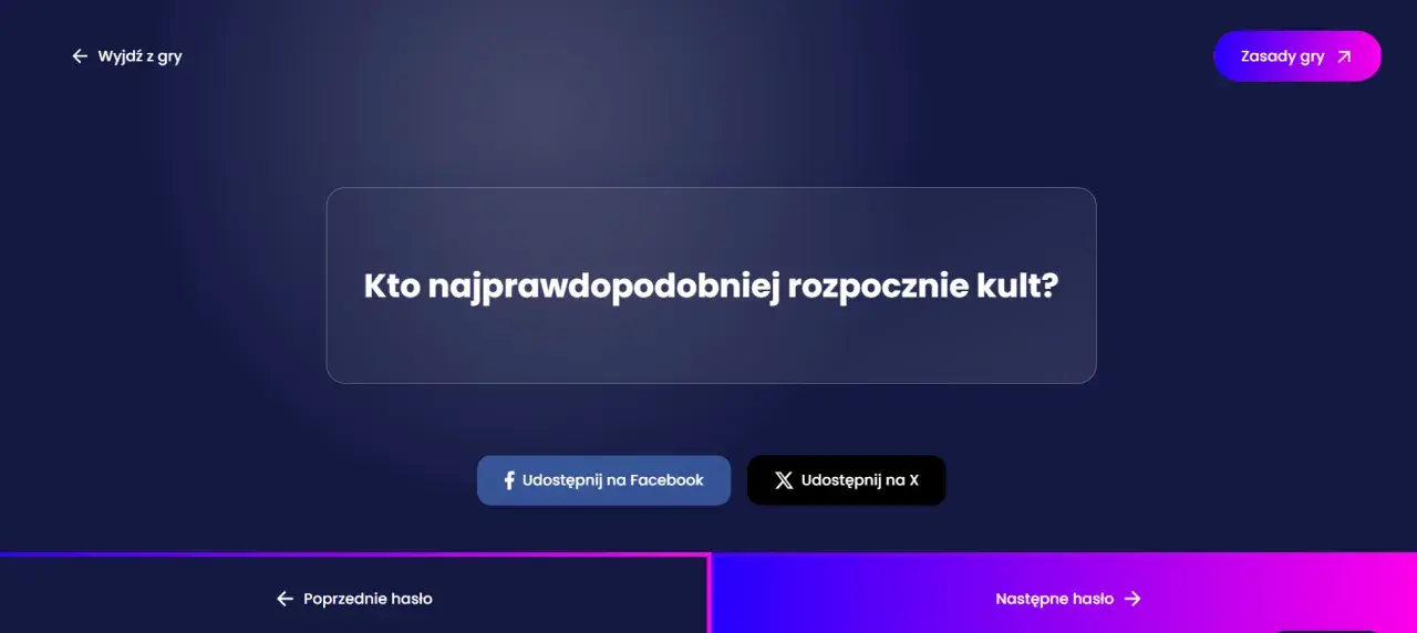 Gry dla dziewczyn: "Kto najprawdopodobniej rozpocznie kult?" - gra z pytaniami i opcjami udostępniania.