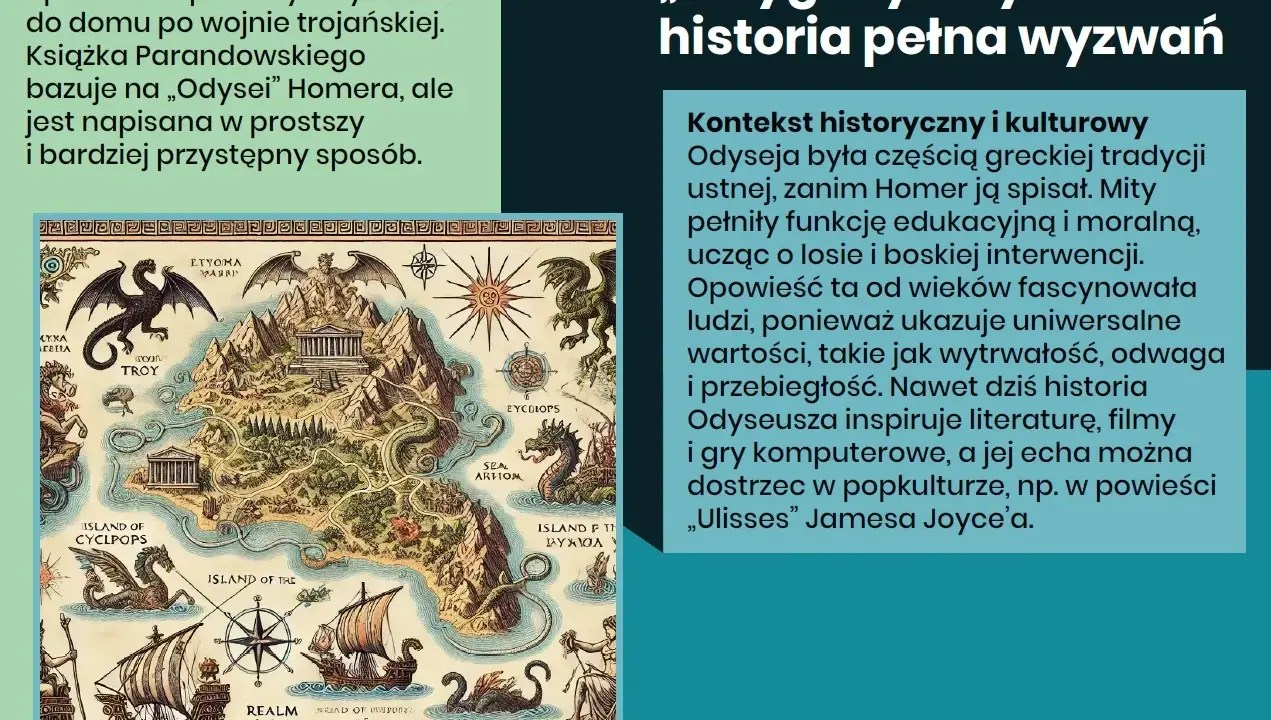 Ilustrowana mapa przedstawia odyseję Odyseusza, pełną mitycznych stworzeń i wysp, od Troi do domu.