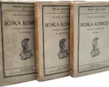 Trzy tomy "Boskiej komedii" Dantego Alighieri, wydane w Warszawie. Każdy tom zawiera ilustrację z hełmem i logo "Wielka Bibljoteka".