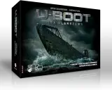 U-Boot gra planszowa. Mroczny okręt podwodny wynurza się z wzburzonych fal pod burzowym niebem.