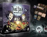 Pudełko gry planszowej "Don't Starve: The Board Game" z postaciami i potworami. Obok plansza gracza i karty.
