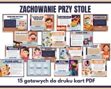 Karty z zasadami savoir-vivre przy stole, uczące jak reagować na zaczepki i zachować kulturę jedzenia.