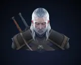 Geralt z Rivii, wiedźmin z wilczym medalionem i dwoma mieczami, patrzy groźnie. Jego oczy świecą na żółto, a twarz naznaczona jest bliznami.