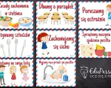 Zasady zachowania w stołówce, dbanie o porządek, poruszanie się ostrożnie, używanie sztućców, zachowanie ciszy, sprzątanie naczyń, czekanie na swoją kolej i mycie rąk to ważne zasady, które uczą starszeństwo kart.