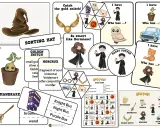 Zestaw kart do gry i materiały do zabaw z Harrym Potterem: Tiara Przydziału, Złoty Znicz, Mandragora, Hedwiga, latający samochód i inne.