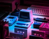 Retro gaming setup: Commodore CBM, Game Boy, joystick, keyboards, cassettes. Twój **słownik do gier** z lat 80. i 90.