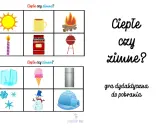 Gra "Ciepłe czy zimne?" z obrazkami: słońce, kubek, ognisko, świeca, kuchenka, grill, lód, lody, lodówka, płatki śniegu, bałwan, igloo.