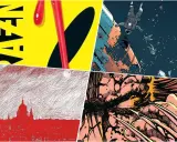 Kolaż z najlepszymi komiksami: neonowy napis, astronauci w kosmosie, czerwona panorama miasta i Wolverine.