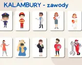 Kolorowe karty z zawodami: policjant, strażak, lekarz, nauczycielka, pielęgniarka, sprzedawczyni, fotografka, prawniczka, programista, mechanik. Idealne do kalambury dla dzieci.