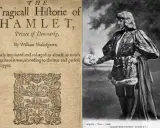 Strona tytułowa "Hamleta" Szekspira i Sarah Bernhardt jako Hamlet, trzymająca czaszkę. To streszczenie dzieła.