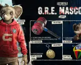 Postać z Dying Light 2 w stroju "Big Globby Outfit", młot "The Squasher", pluszowy słoń "Lil Globby" i paralotnia "Playtime Paraglider" z pakietu G.R.E. Mascot.