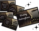 Złote karty i błyszczące napisy zapowiadają magiczne gry na andrzejki: "Wybierzesz się w podróż marzeń", "Czeka Cię wielka przygoda", "Spełni się Twoje marz", "Spotkasz życzliwą Ci osobę".