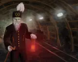 Opiekuńczy duch kopalni, z latarką w dłoni, czuwa nad górnikami w ciemnym tunelu.