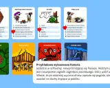 Karty gry z ilustracjami: Pasieka, Rozwiązanie zagadki, Stwór, Poszlaka. W tle karty MIEJSCE, PRZYGODA, ZAGROŻENIE, POSZLAKA. Pod spodem przykładowa historia z fajnymi zadaniami do wykonania.
