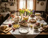 Stół zastawiony na Wielkanoc: babka, sernik, kiełbaski, pasztet, jajka faszerowane, chleb, ogórki, koszyk z pisankami. Ciekawy scenariusz wielkanocny.