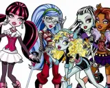 Pięć kolorowych, stylowych **monster high postaci damskich** pozuje razem, każda z unikalnym wyglądem i osobowością.