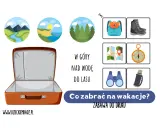 Otwarta walizka, ikony gór, jeziora, lasu, plecaka, butów, mapy, kompasu, lornetki i termosu. Co zabrać na wakacje? Gry na wakacje.