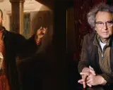 Jan Kochanowski i Tadeusz Woźniak. Obraz przedstawia poetę z XVI w. i współczesnego artystę, jakby śpiewali pieśń świętojańską o sobótce.