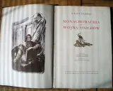 Otwarta księga z ilustracją i tekstem "Monachomachia czyli Wojna Mnichów" Ignacego Krasickiego. To satyra do króla, która w dowcipny sposób ukazuje spory między zakonnikami.