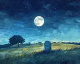 Nocny krajobraz z księżycem, gwiazdami i nagrobkiem na wzgórzu.