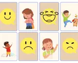 Zestaw kart do nauki emocji dla dzieci: uśmiechnięta buźka, smutne dziecko, śmiejąca się buźka, zły chłopiec, radosny chłopiec, smutna buźka, płacząca dziewczynka, zła buźka.