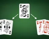 Ilustracja pokazuje, jak grać w karty. Król i Dama kierów po lewej, Król karo i Król pik po prawej, a w środku Król trefl.