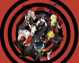 Postacie z gry Persona 5, która jest przykładem gatunku jrpg co to, pozują na tle czerwono-czarnych kręgów.