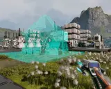 Budujesz bazę w tej nowej grze. Widok z perspektywy pierwszej osoby na futurystyczną bazę z hologramem budowli.