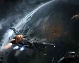 Bitwa kosmiczna nad planetą, zniszczone statki i szczątki. To może być scena z gry, która doczekała się **eve online spolszczenie**.